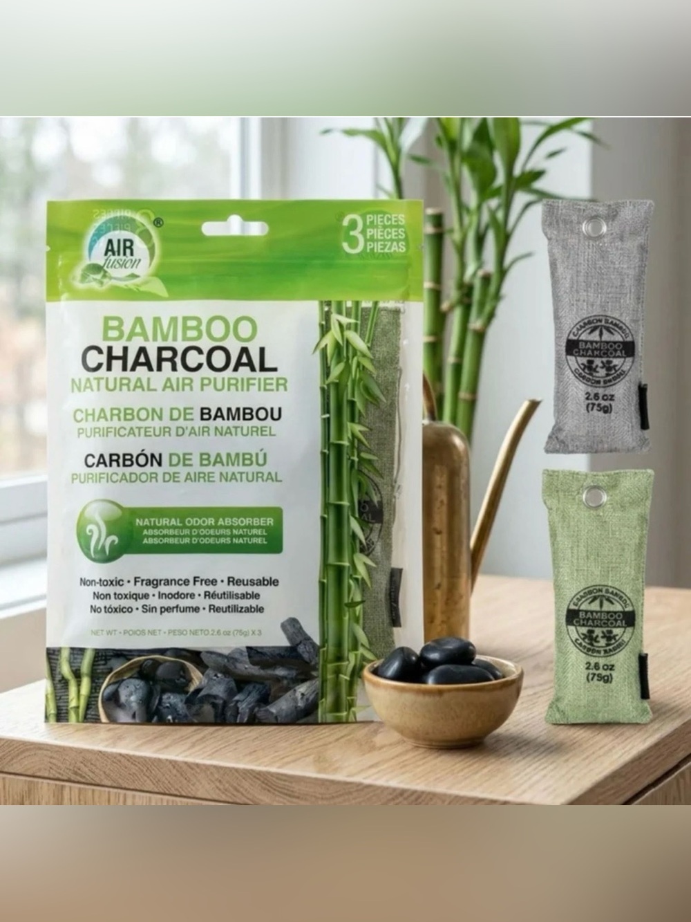3-piece set of Air Fusion Bamboo Charcoal Natural Air Purifiers designed to abso